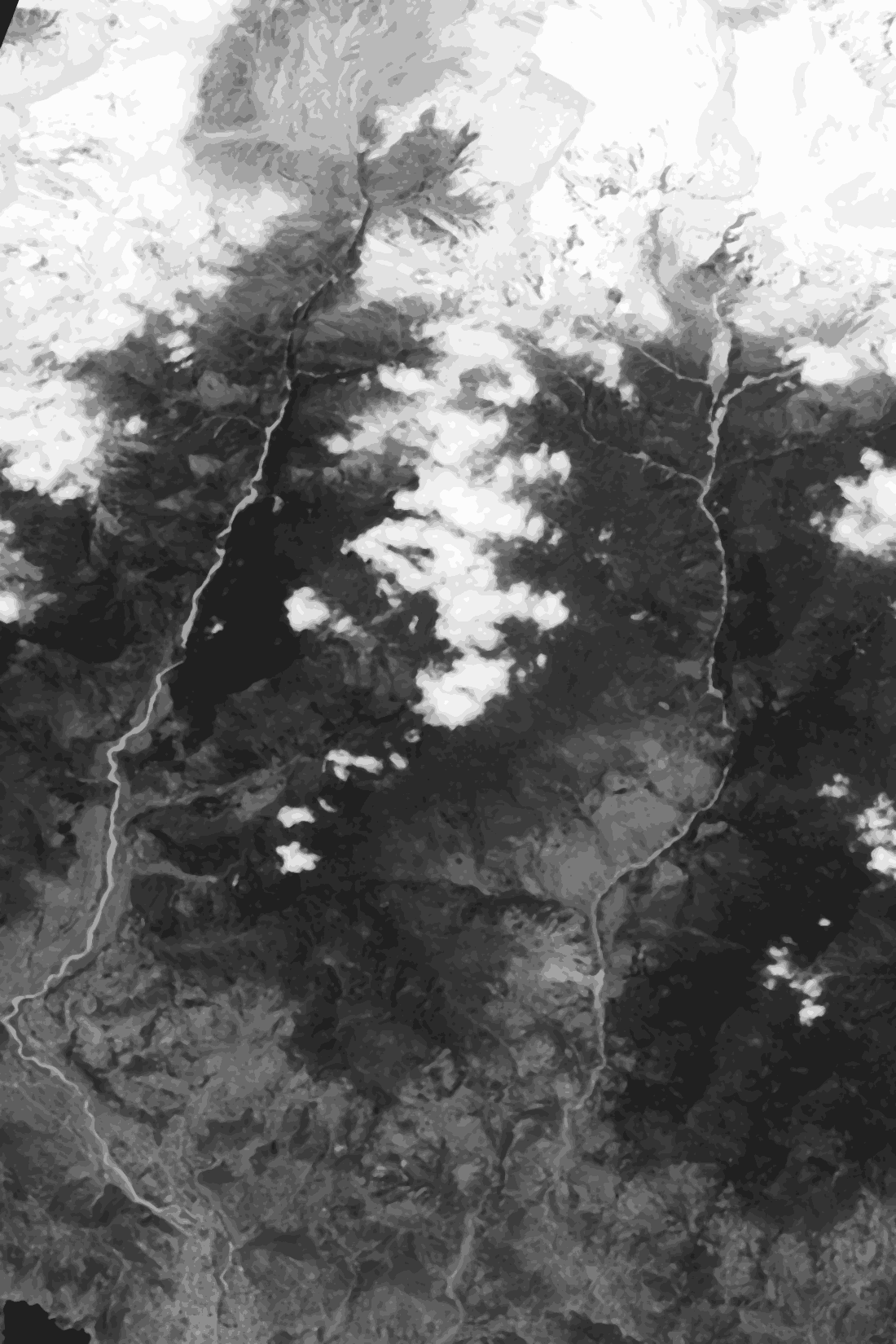 Grayscale satellite image of the Seti valley from orbit; a survey line traces the flood path from the Sabche cirque through the gorge to the debris-lined channel at Pokhara.