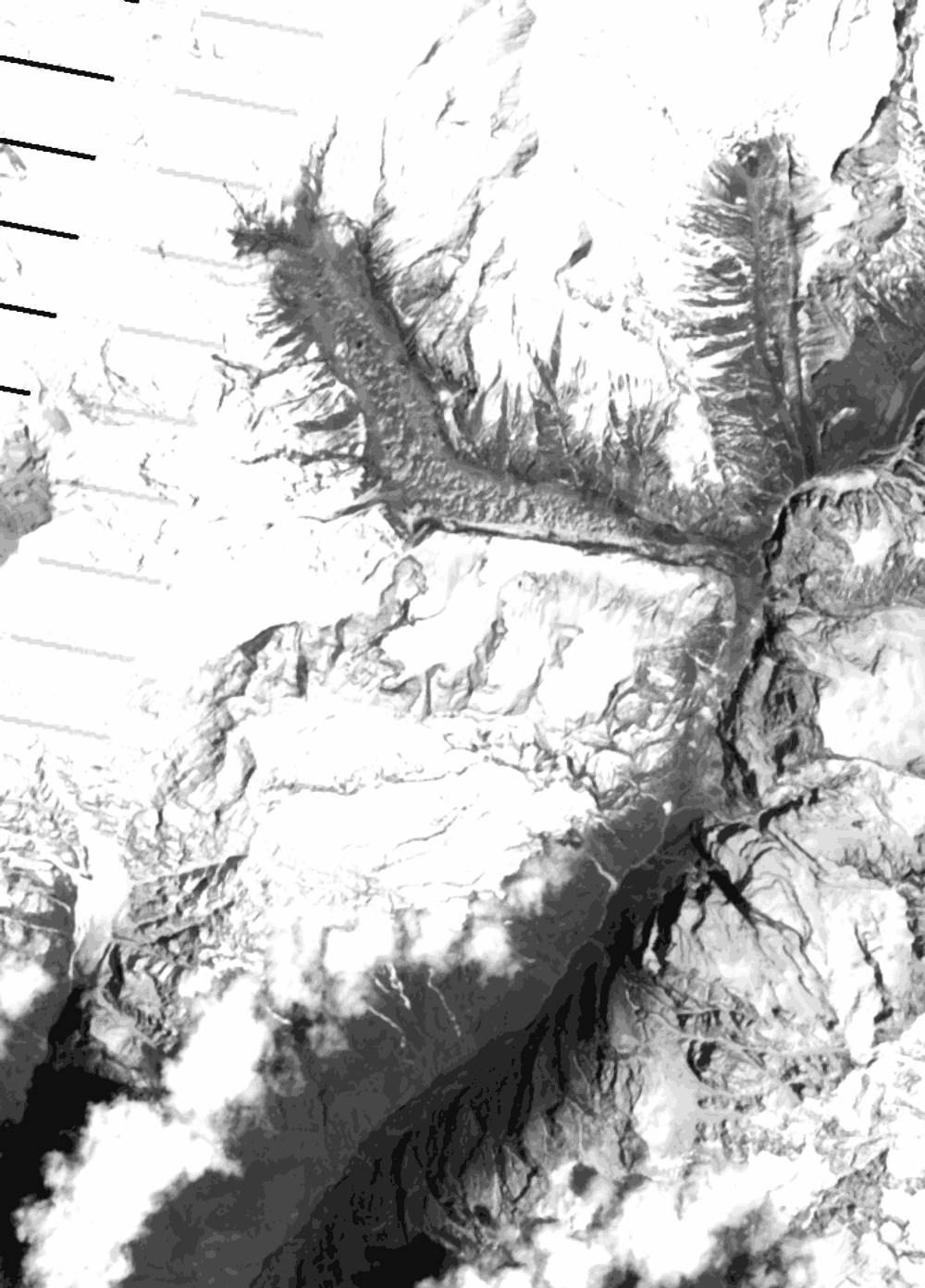 Grayscale satellite image of the Sabche cirque and the upper Seti channel on 20 April 2012, before the fall.